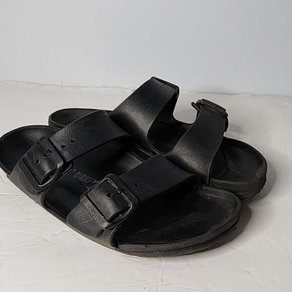 Birkenstock black slides women's size 37 EU see photos condition tears in rubber - Picture 1 of 6
